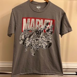 Marvel, men’s small, gray shirt with red/white/black logo and character print.
